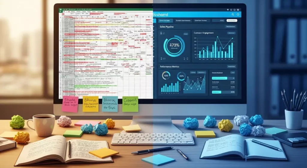 Wizualizacja chaosu w Excelu kontra uporządkowany dashboard CRM