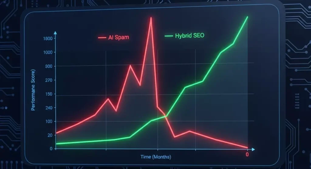 Wykres pokazujący spadek ruchu na stronach ze spamem AI vs wzrost na stronach Hybrydowych