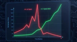 Wykres pokazujący spadek ruchu na stronach ze spamem AI vs wzrost na stronach Hybrydowych