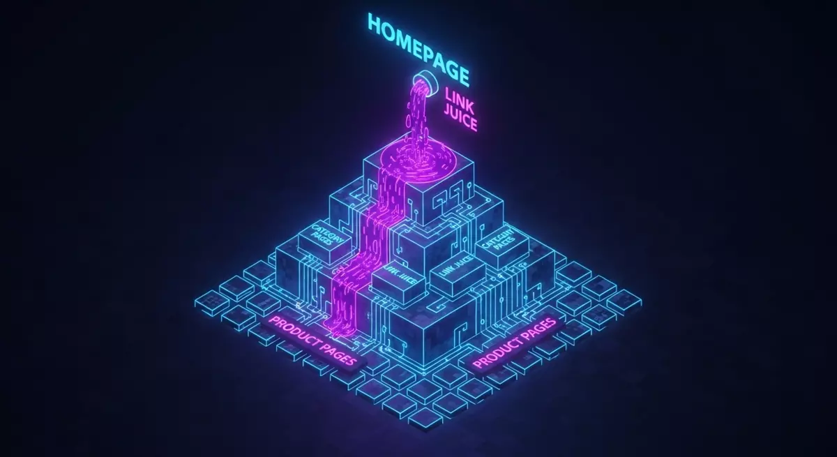 Schemat przepływu mocy SEO ze strony głównej do kategorii i produktów