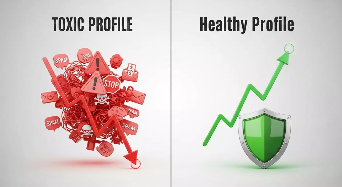 Wykres kołowy pokazujący zdrowy profil linków kontra profil toksyczny