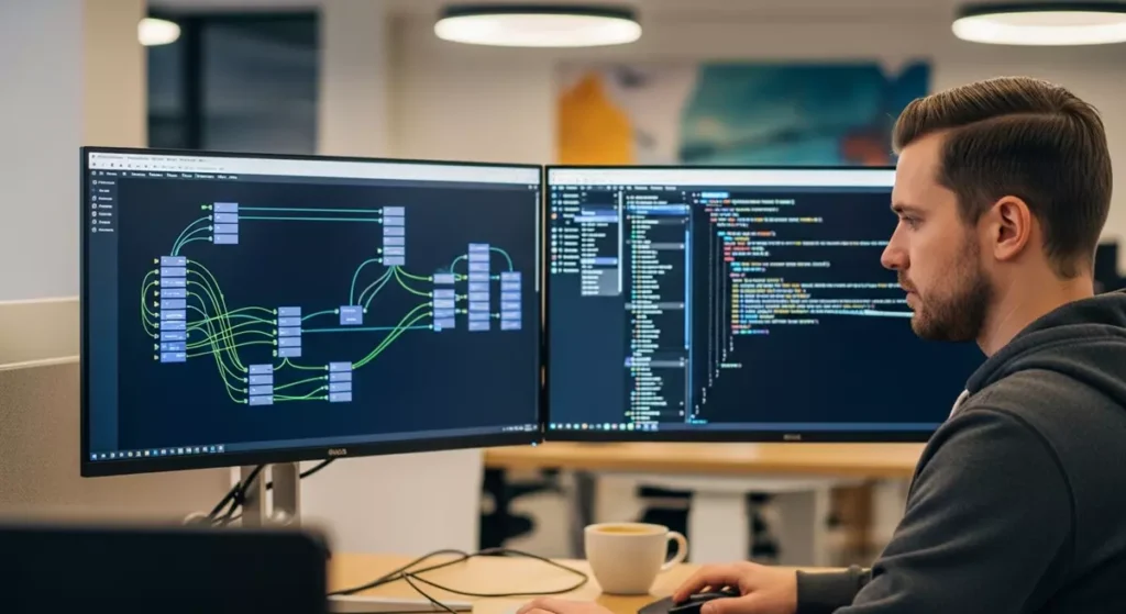 Programista analizujący wydajność i architekturę kodu aplikacji serwerowe