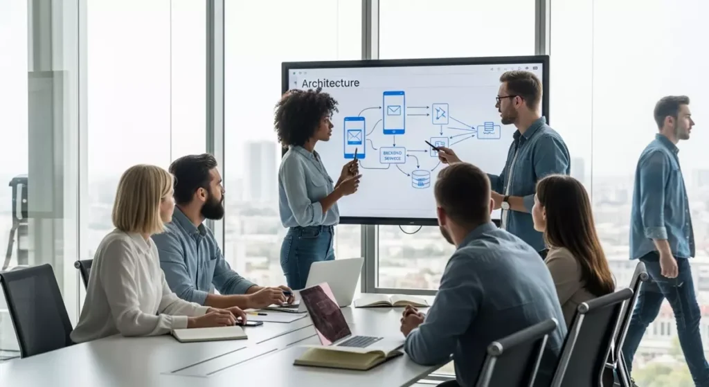 Zespół programistów planujący architekturę aplikacji mobilnej w software house