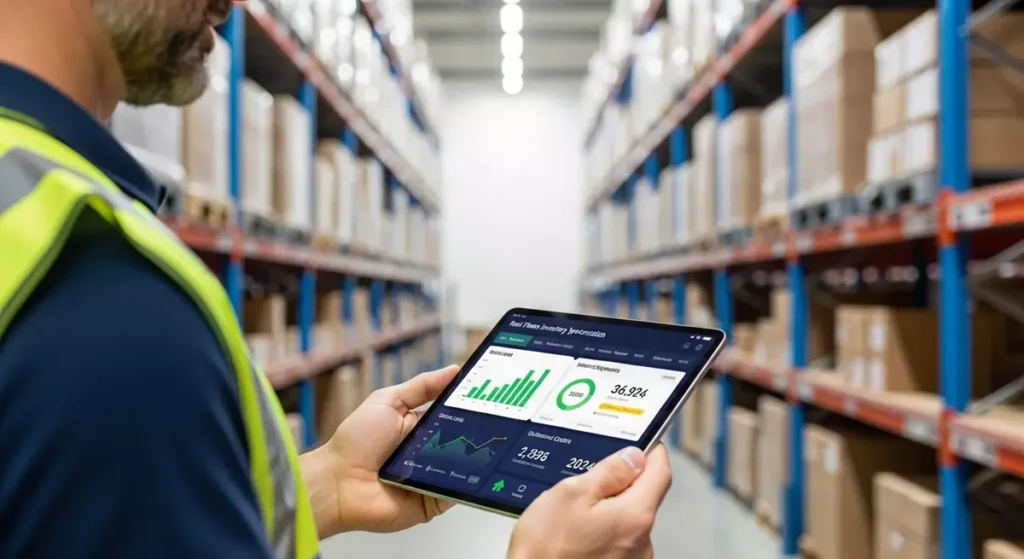 Menedżer magazynu sprawdzający zsynchronizowane stany magazynowe na tablecie